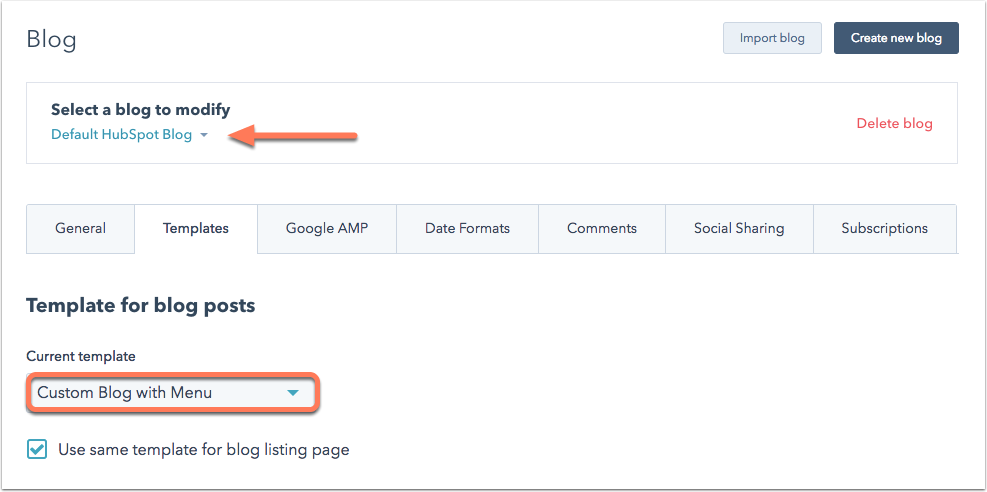 Blog Settings Template Level in HubSpot